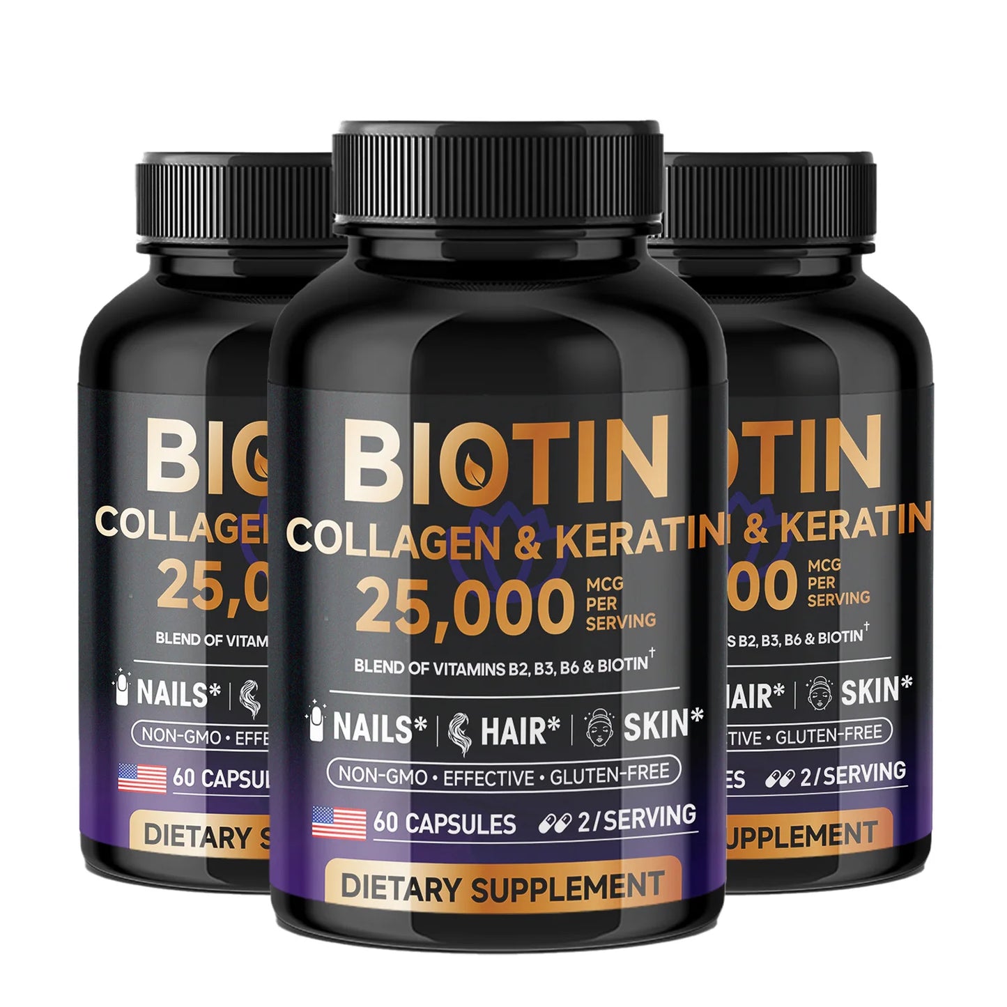 Biotin Collagen & Keratin 25000mcg – Hair Growth Support Vitamins, 60 Caps, USA Made