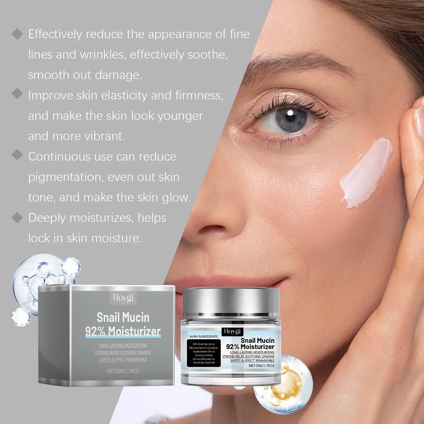 Snail Mucin 92% Moisturizer Daily Face Gel Cream Fade Fine Lines Tightne Skin Improves Dark Skin Rejuvenation Nourishing Cream