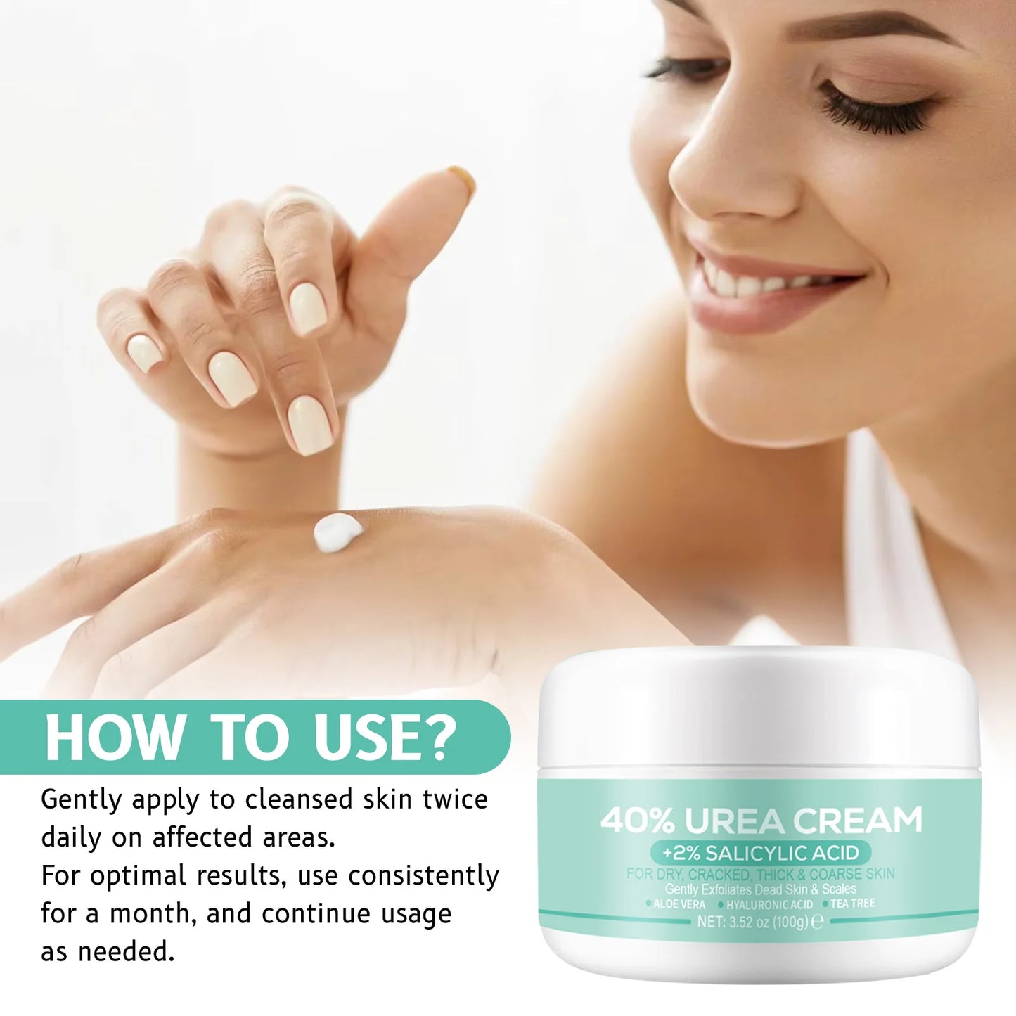 40% Urea + 2% Salicylic Acid Cream 100g for Dry Cracked Hands & Feet Deep Moisturizer Exfoliates Dead Skin Non-Greasy