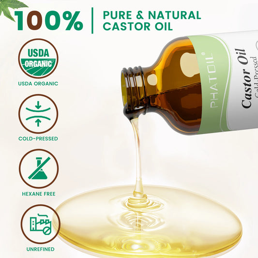 Organic Castor Oil – Cold Pressed 100% Pure for Hair Growth, Eyelashes & Skin Moisture